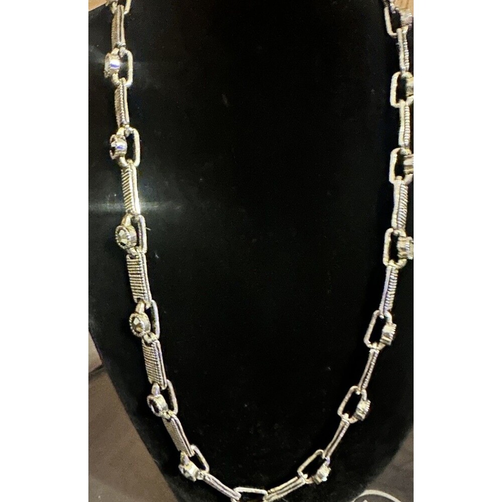 Vintage Silver Tone Marcasite Look Link Necklace Gray Crystal Art Deco Style 18”